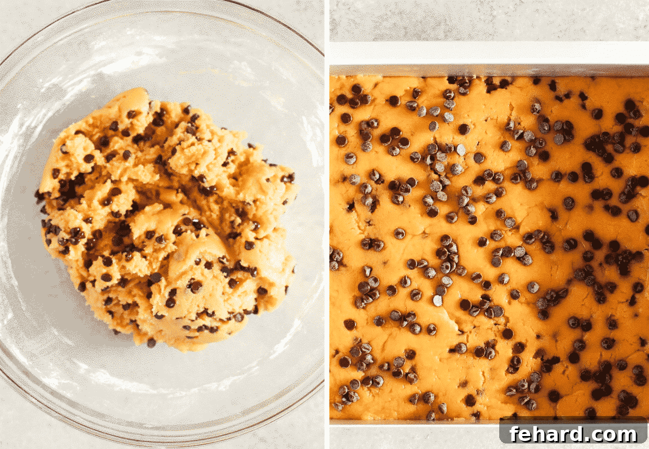 Left: Cookie dough in a glass bowl. Right: The same dough spread evenly in a parchment-lined baking sheet, ready to be baked.