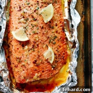 Wild salmon fillet with lemon slices and garlic butter