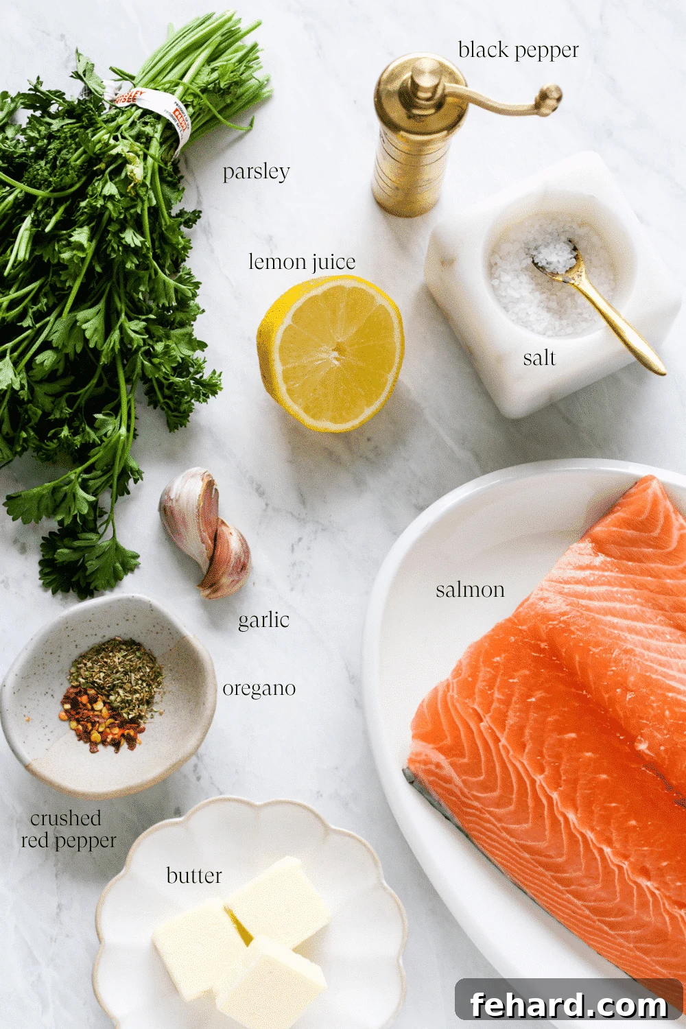 Various recipe ingredients including salmon, lemon, garlic, and spices artfully arranged on a marble board.