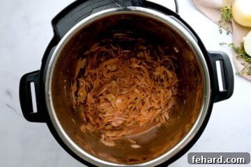 Caramelized Onions inside inner pot after adding red wine and deglazing inner pot.