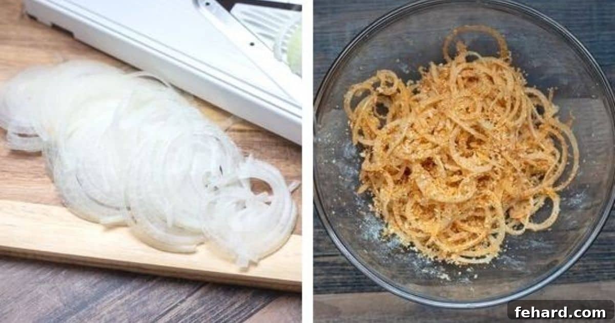Side by side photo of sliced onions and breaded onions.