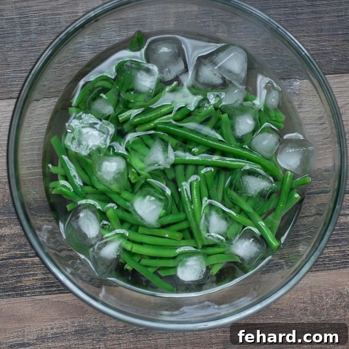 Green Beans in Ice bath.