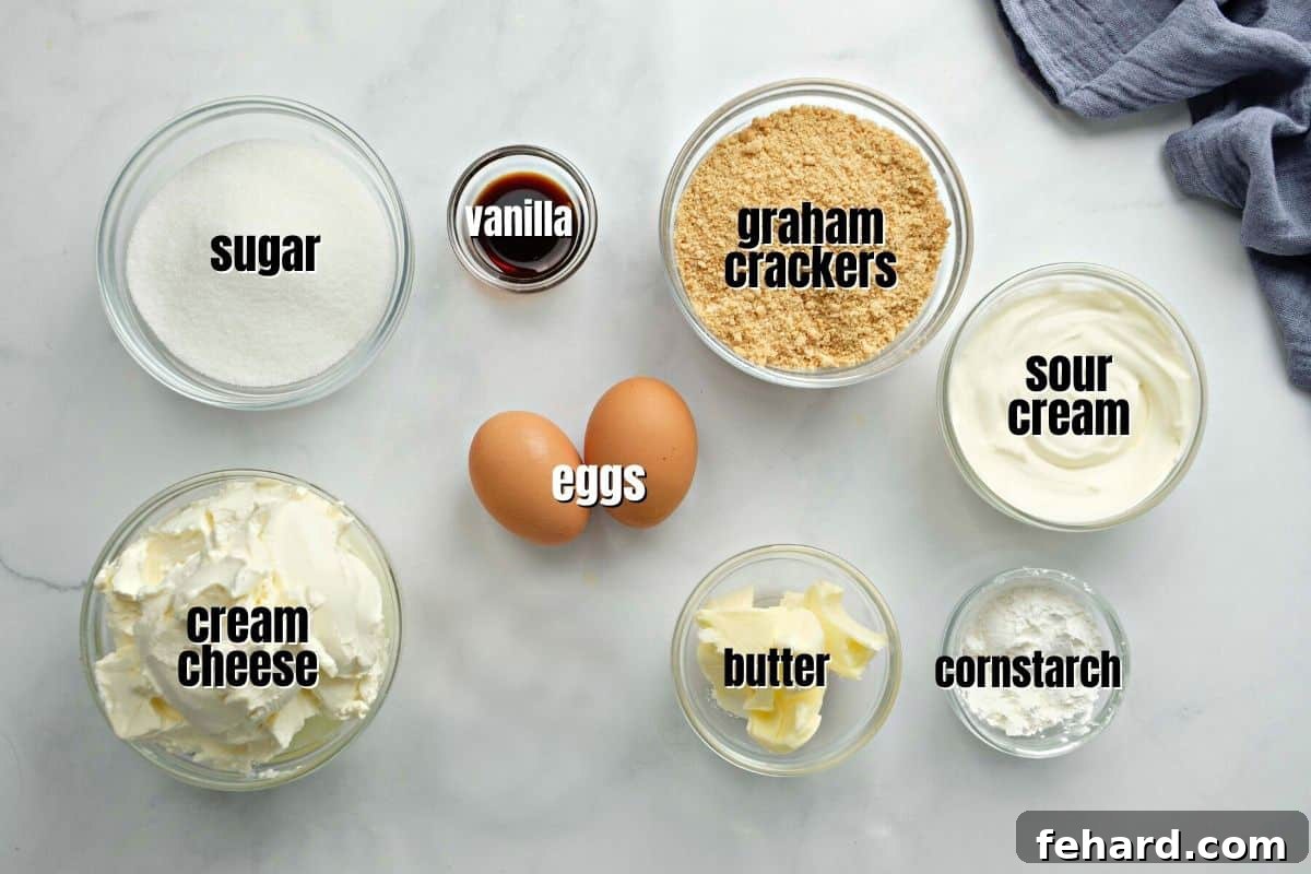 A selection of cheesecake ingredients neatly arranged on a kitchen counter, including cream cheese, eggs, sugar, sour cream, vanilla, and graham crackers.