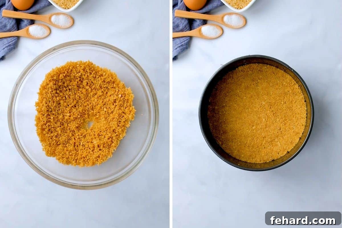 Side-by-side photo illustrating the process of mixing graham cracker crumbs with melted butter and sugar, then firmly pressing the mixture into a 7-inch springform pan to create a perfect cheesecake crust.