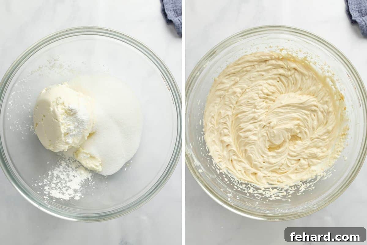 Side-by-side comparison of cheesecake batter in a mixing bowl: before and after the final gentle mixing, showcasing a perfectly smooth consistency.