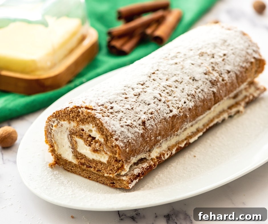 Classic Pumpkin Roll Ready to Serve A beautifully prepared pumpkin roll resting on a pristine white platter, lightly dusted with powdered sugar, ready for slicing and serving.