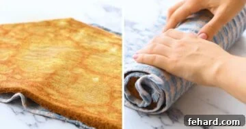 A visual guide showing the process of rolling the warm pumpkin cake with a towel into a log.