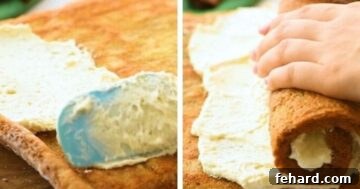 A two-part image showing the application of cream cheese frosting onto the unrolled pumpkin cake and then the cake being re-rolled.