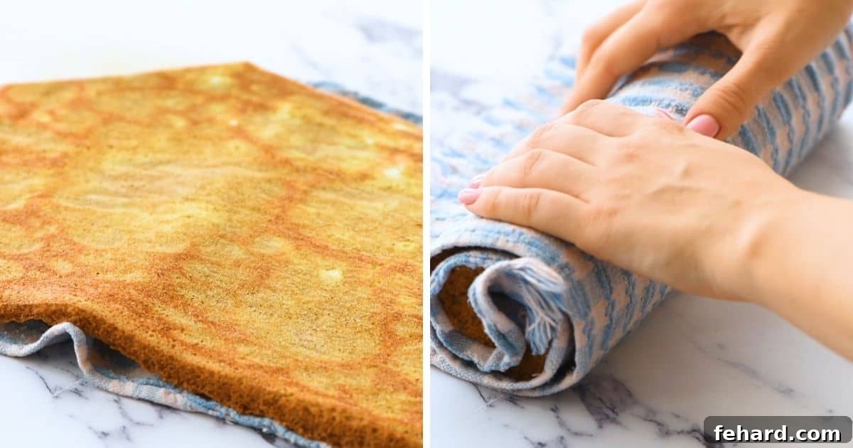 How to Roll a Pumpkin Cake for Pumpkin Roll A side-by-side demonstration showing the warm pumpkin cake being carefully inverted onto a sugar-dusted towel and then gently rolled into a log.