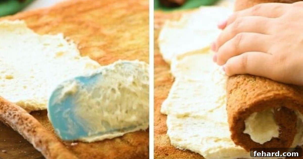 Easy Pumpkin Roll Assembly Steps A side-by-side photo illustrating the process of spreading the creamy filling evenly over the unrolled pumpkin cake and then carefully re-rolling it into a neat log.