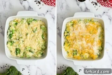 Side by side broccoli cheese rice casserole before and after adding cheese.