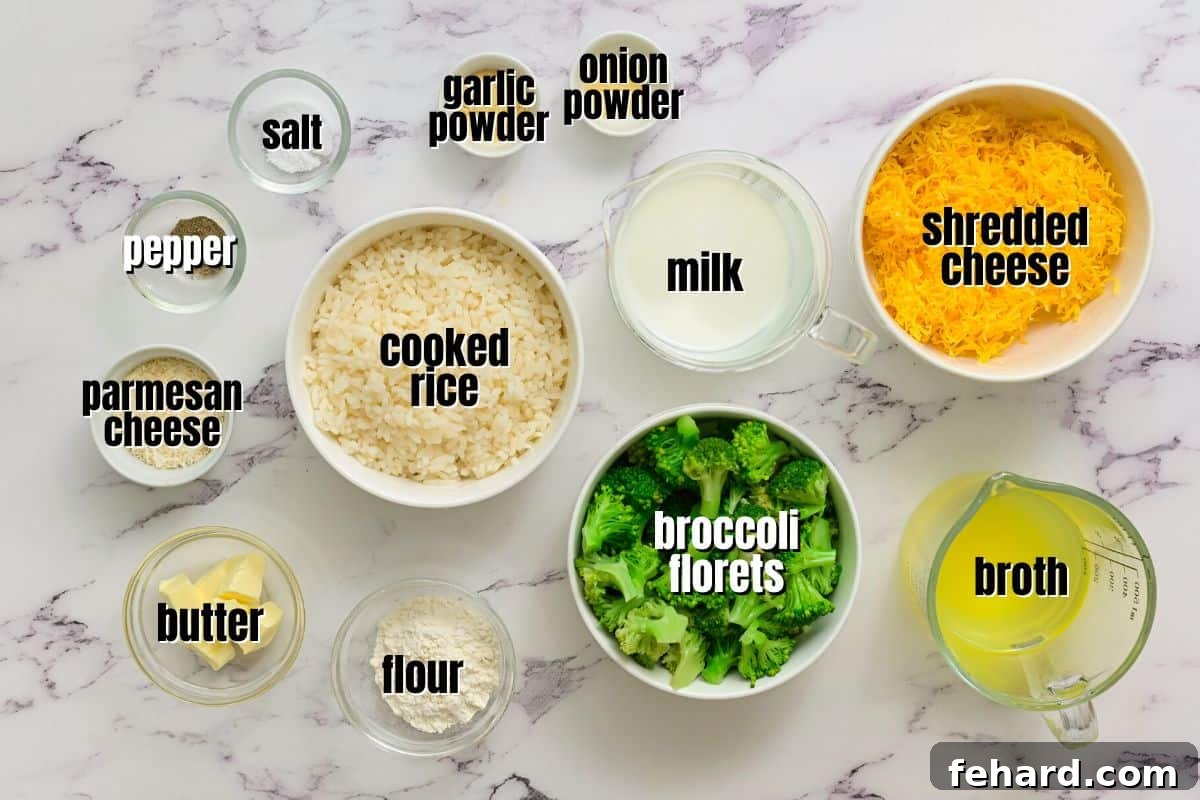 Various fresh ingredients for broccoli rice casserole laid out on a kitchen counter: broccoli florets, cooked rice, blocks of cheese, milk, broth, butter, and seasonings.