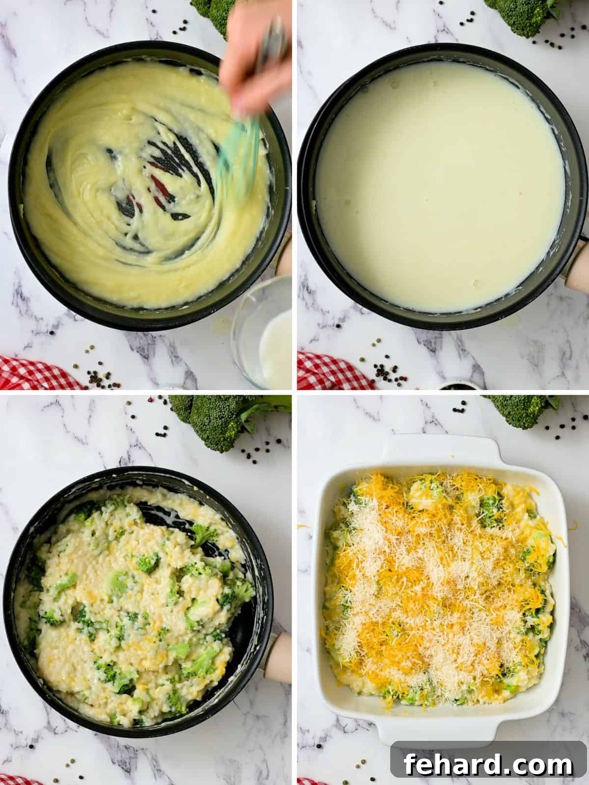 A collage of four photos showing the steps: making a roux, adding liquids to form the sauce, mixing in rice and broccoli, and spreading the mixture into a casserole dish.