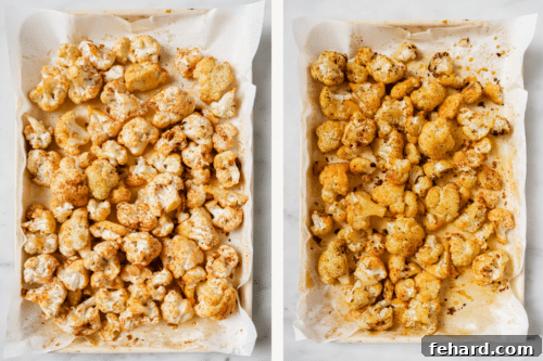 set of photos showing seasoned and raw cauliflower florets on a baking sheet and on the other side baked cauliflower.