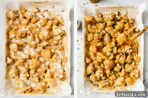 set of photos showing roasted cauliflower florets on a baking sheet.