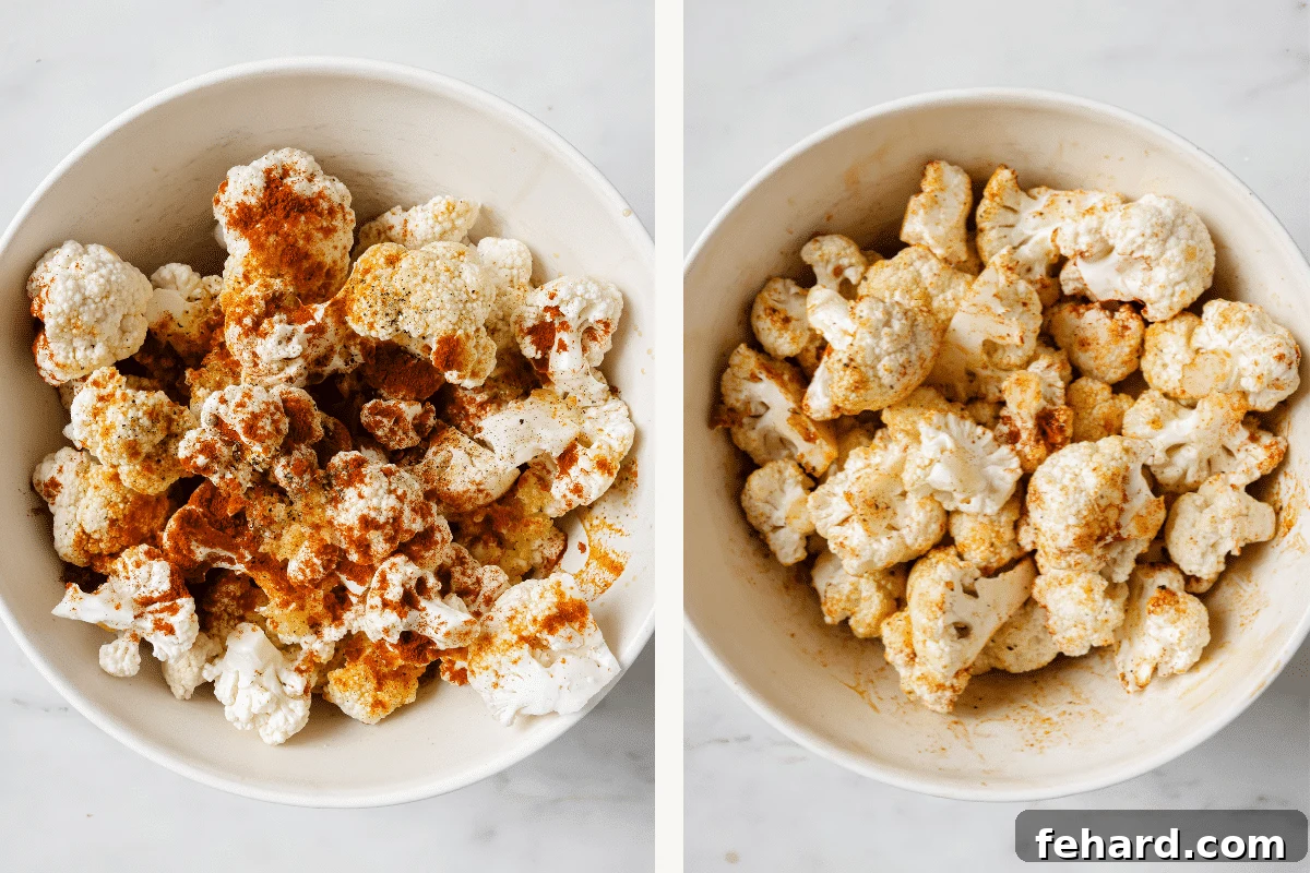 Left: Cauliflower in a bowl with spices added. Right: Cauliflower and spices mixed together, ready for roasting.