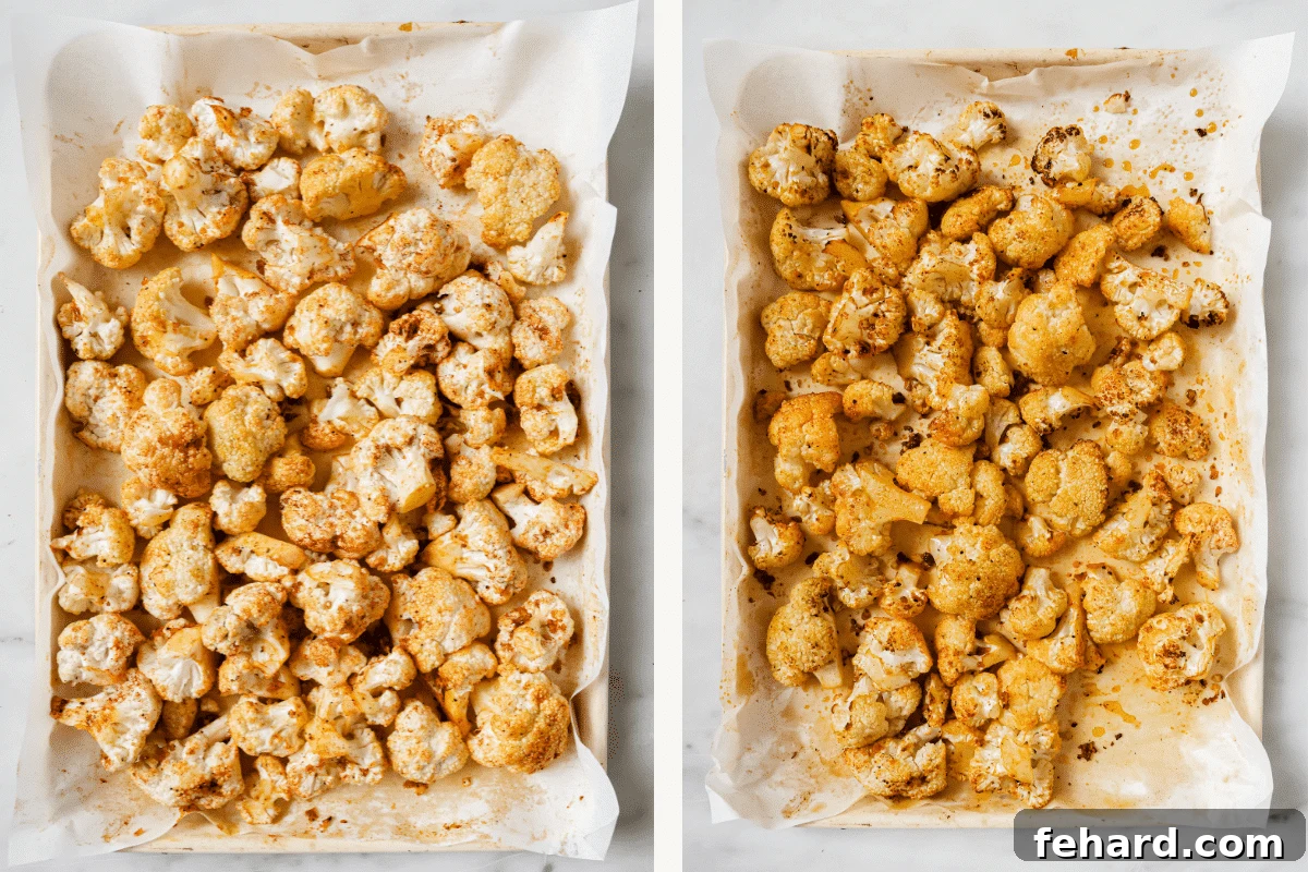 Left: Seasoned raw cauliflower on a baking sheet. Right: Partially roasted cauliflower on a baking sheet, golden and tender.