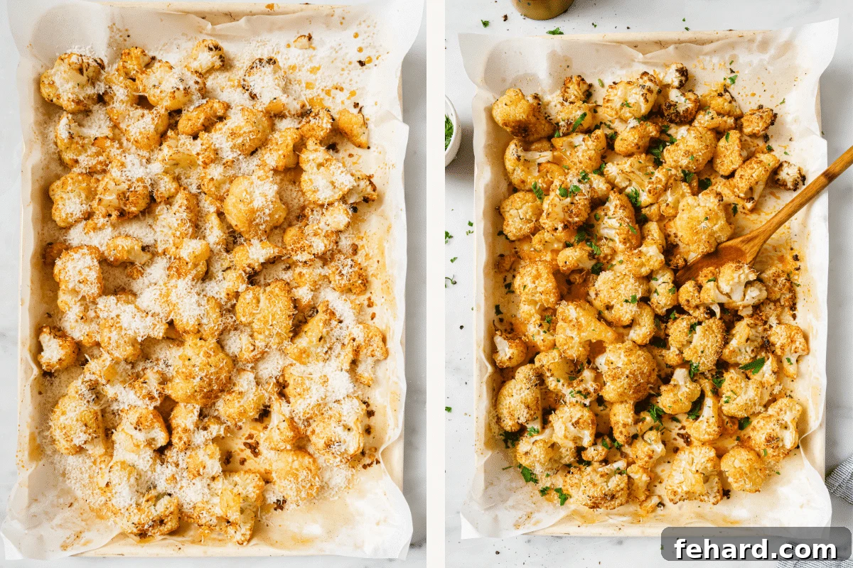 Left: Parmesan cheese being added to partially roasted cauliflower. Right: Fully roasted cauliflower with melted Parmesan cheese on a baking sheet.