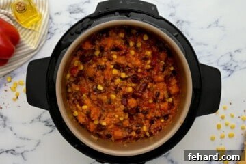 Pressure Cooked Sweet Potato Chili inside inner pot of instant pot.