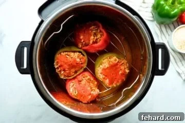 4 stuffed bell peppers inside Instant Pot on metal rack after pressure cooking.