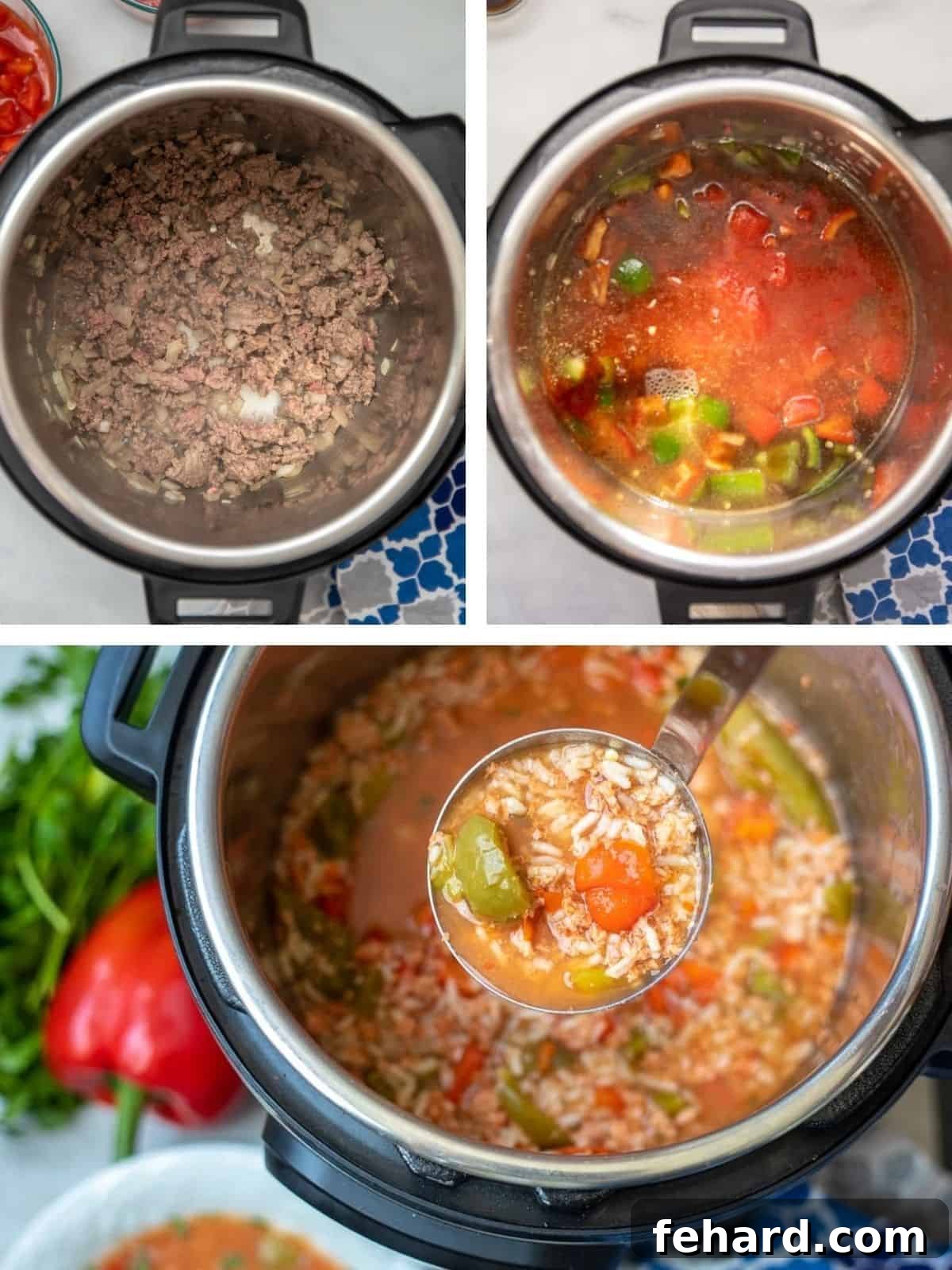 A collage of three step-by-step photos showing the process: browning meat and peppers in the Instant Pot, adding ingredients for stuffed pepper soup in layers, and the finished, perfectly cooked soup after pressure cooking.