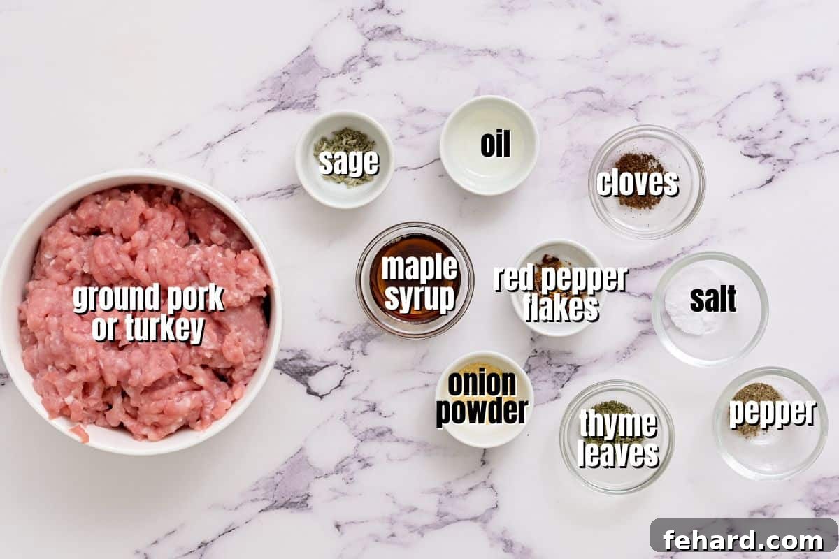Easy Recipe for Breakfast Sausage Ingredients All the fresh ingredients for homemade breakfast sausage are neatly laid out on a kitchen counter: ground pork, maple syrup, and a variety of herbs and spices.