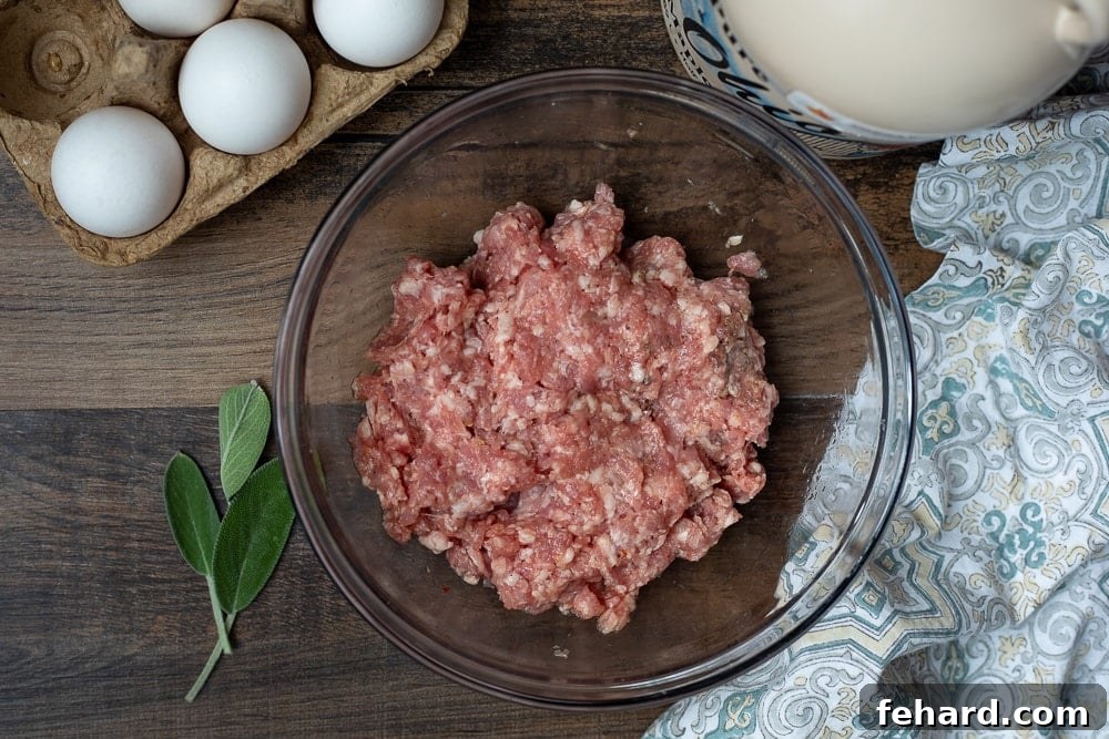 Maple Breakfast Sausage Mixture Raw breakfast sausage mixture in a large glass mixing bowl, perfectly seasoned and ready for marinating.