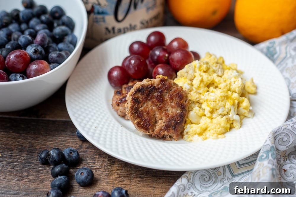 Easy Breakfast Sausage Plate A beautifully presented plate featuring homemade breakfast sausage patties, perfectly cooked scrambled eggs, and a vibrant side of fresh fruit.