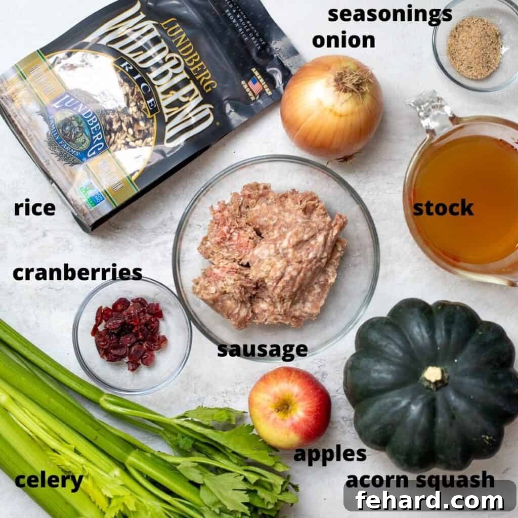 An array of fresh, labeled ingredients for Stuffed Acorn Squash, including squash, sausage, rice, herbs, and apples.
