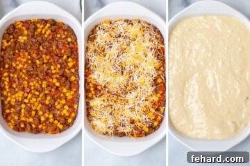 3 photos side by side showing how to layer the meat mixture with cornbread topping for tamale casserole