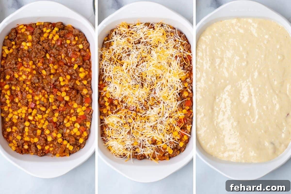 A series of three side-by-side photos illustrating the assembly process of Tamale Casserole: first, the meat mixture spread in the dish; second, cheese layered over the meat; and third, the cornbread batter poured evenly on top, ready for baking.
