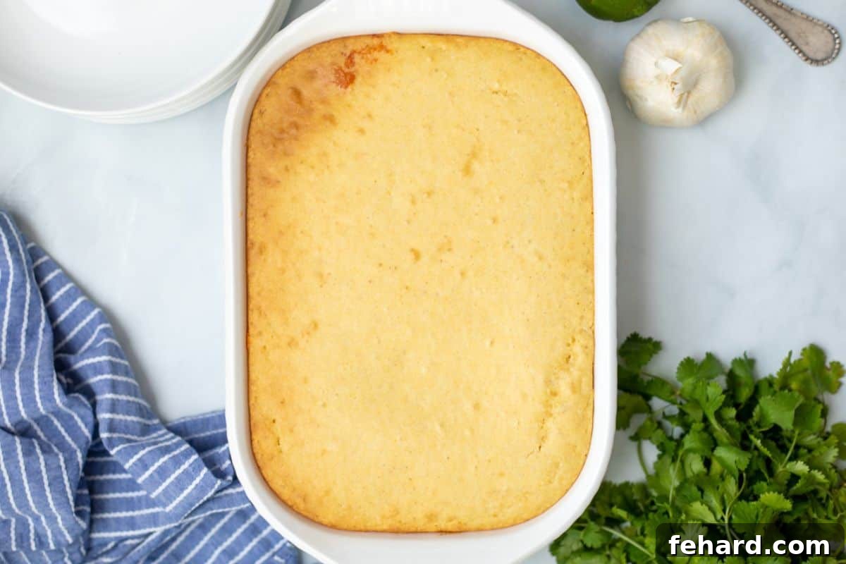 A freshly baked Tamale Casserole, still hot in its white baking dish, garnished with a sprinkle of fresh cilantro, ready to be served. The golden-brown cornbread topping promises a comforting and flavorful meal.