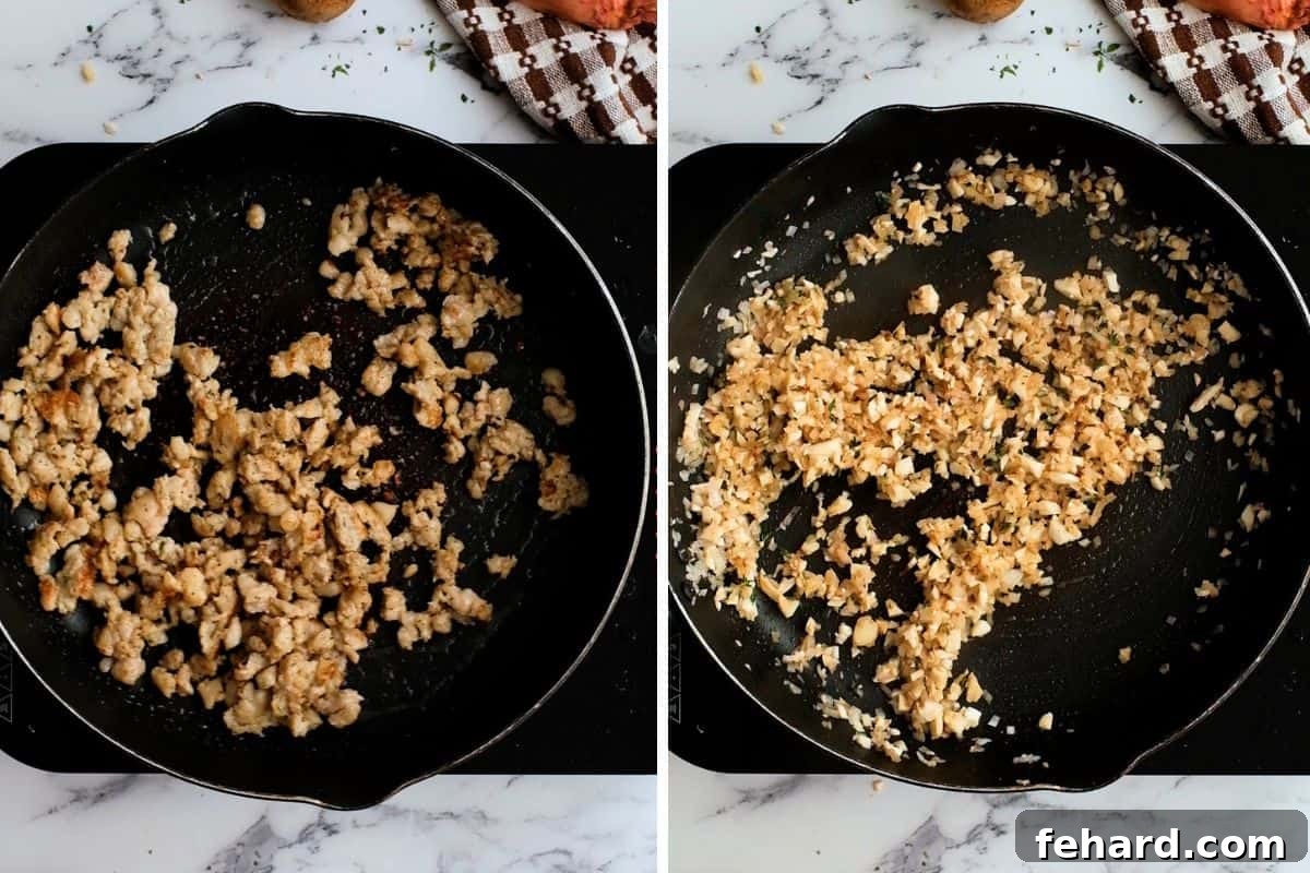 Stuffed Mushroom Filling Preparation Two side-by-side images: one showing browned Italian sausage in a sauté pan, the other showing sautéed mushroom stems and shallots.