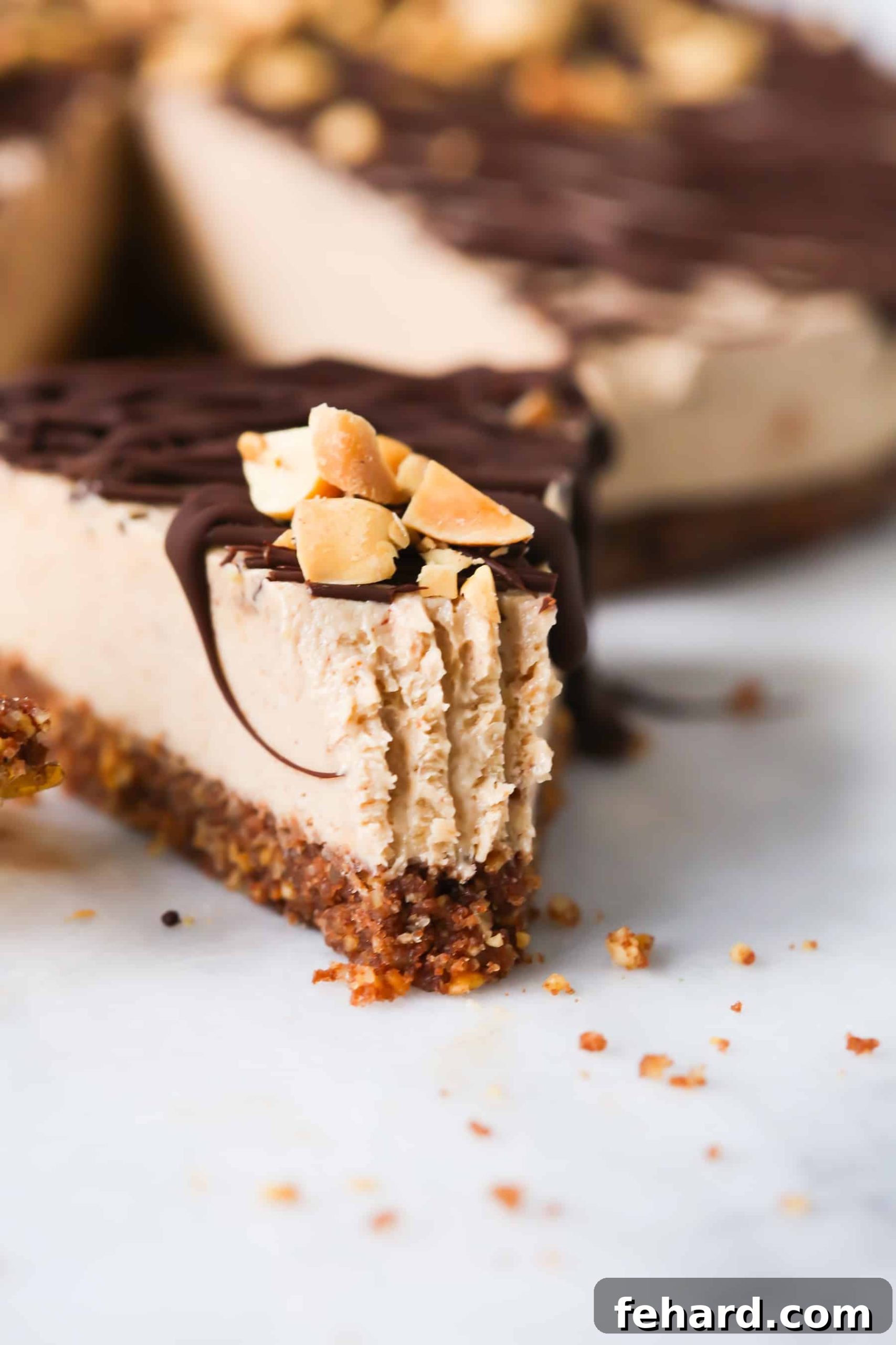 Gluten-Free No-Bake Peanut Butter Pie - Creamy, Vegan, Dairy-Free, and Easy Full Gluten-Free No-Bake Peanut Butter Pie with elegant chocolate and peanut topping, ready to be sliced and served.