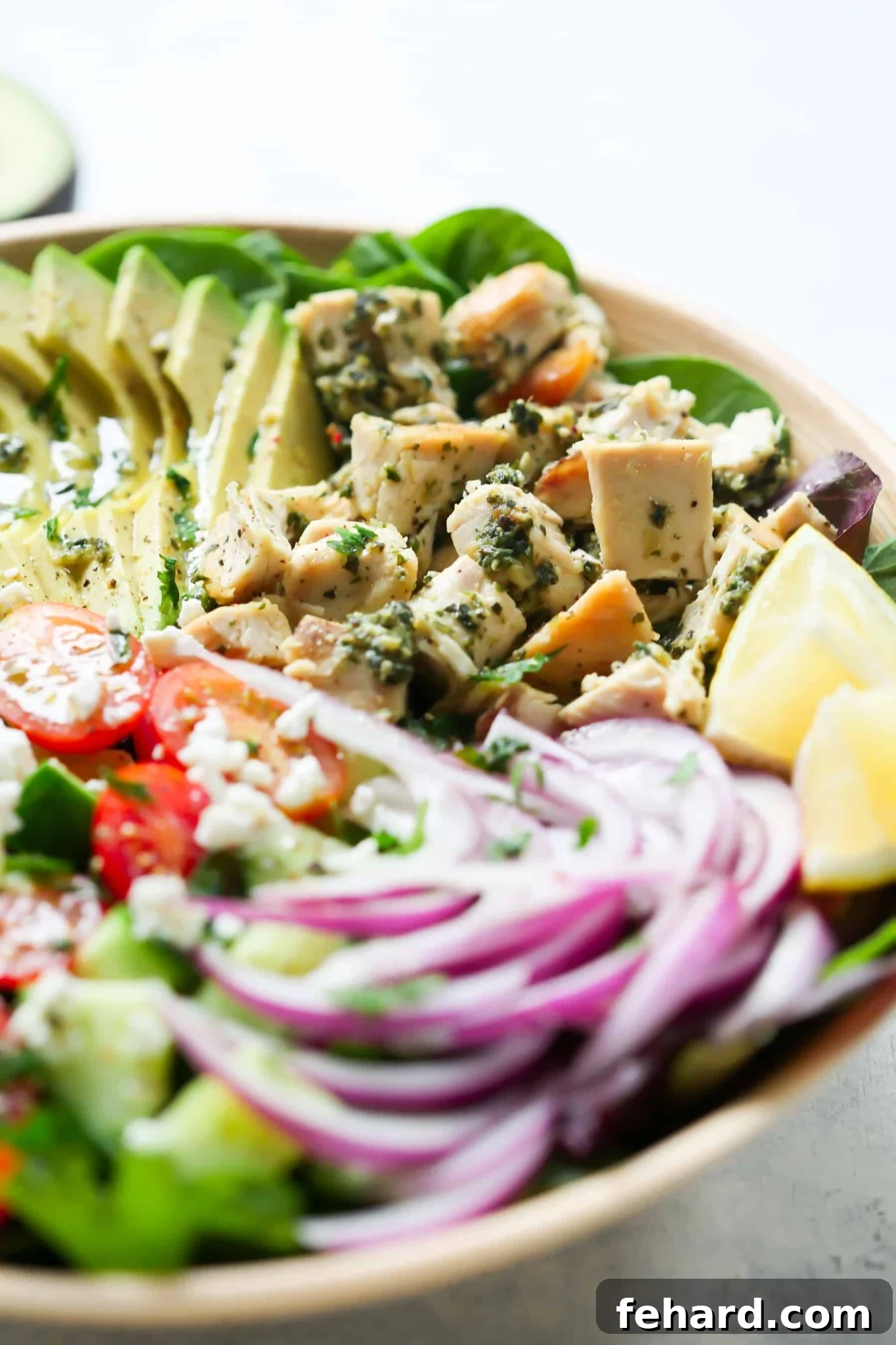 Pesto Chicken Salad - This healthy, easy, filling and super delicious Pesto Chicken Salad recipe is loaded with lettuces, cherry tomatoes, avocado, red onions and flavoured with a light lemon dressing. A close-up view of the Pesto Chicken Salad, highlighting the individual ingredients and creamy dressing.