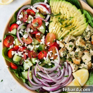 overhead view of a bowl of pesto Chicken salad