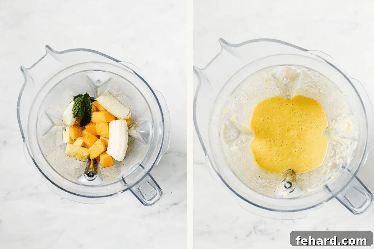 Left: ingredients in a blender before blending. Right: a creamy, smooth pineapple mango smoothie after blending.