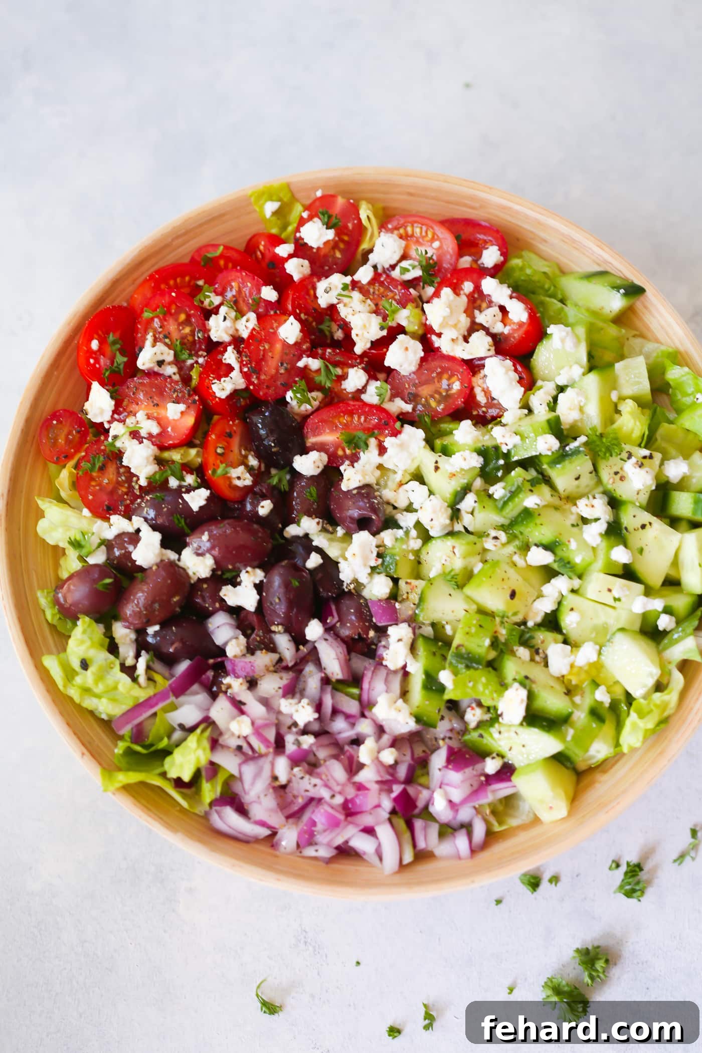 Mediterranean salad in a large bowl, ready to be served.