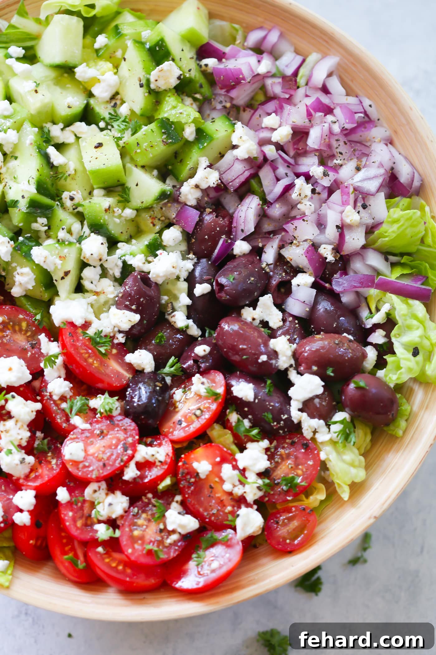 Mediterranean salad in a large bowl, ready for a meal.