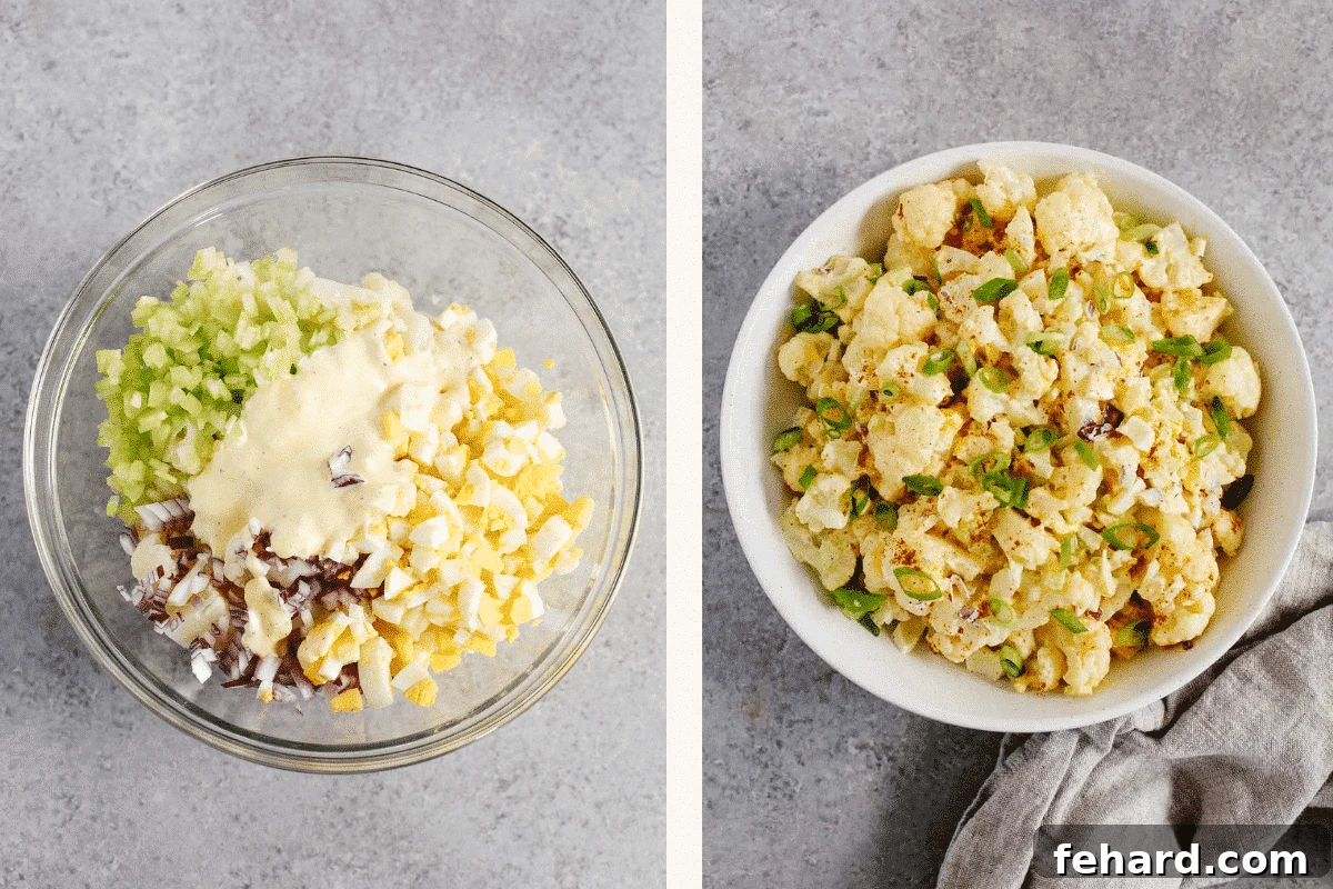 Low-Carb Cauliflower Potato Salad 6 Trio of photos showing the steps to put together cauliflower potato salad