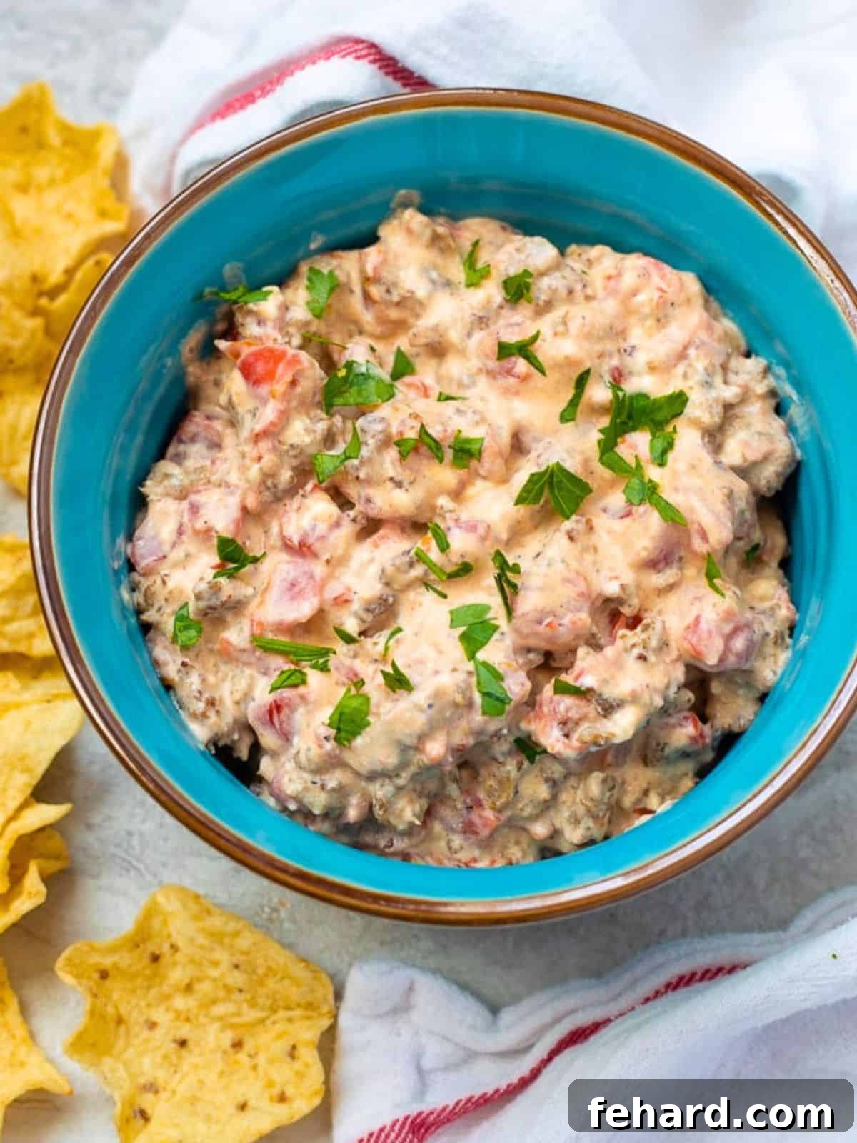 Creamy Rotel Sausage Dip with ground sausage, cream cheese, and Rotel tomatoes served in a vibrant blue dish, surrounded by golden tortilla scoops.