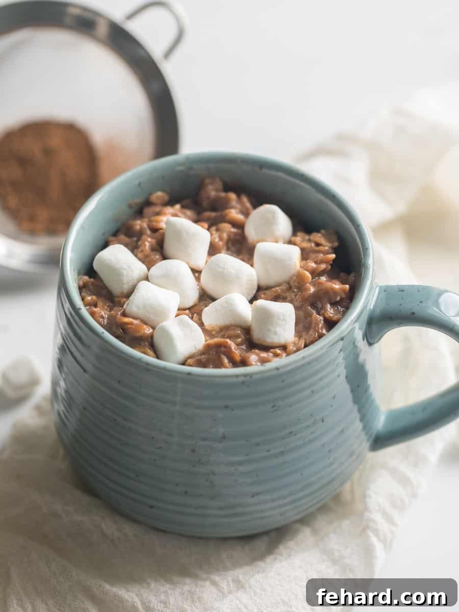 Hot Chocolate Oatmeal in blue mug topped with marshmallows, creating a comforting breakfast scene.