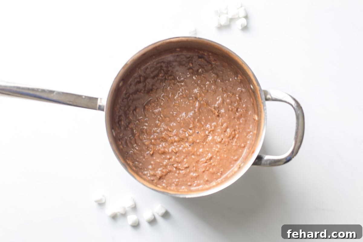 Chocolate Oatmeal cooking in a saucepan, with a bowl of marshmallows on the side, ready to be served.