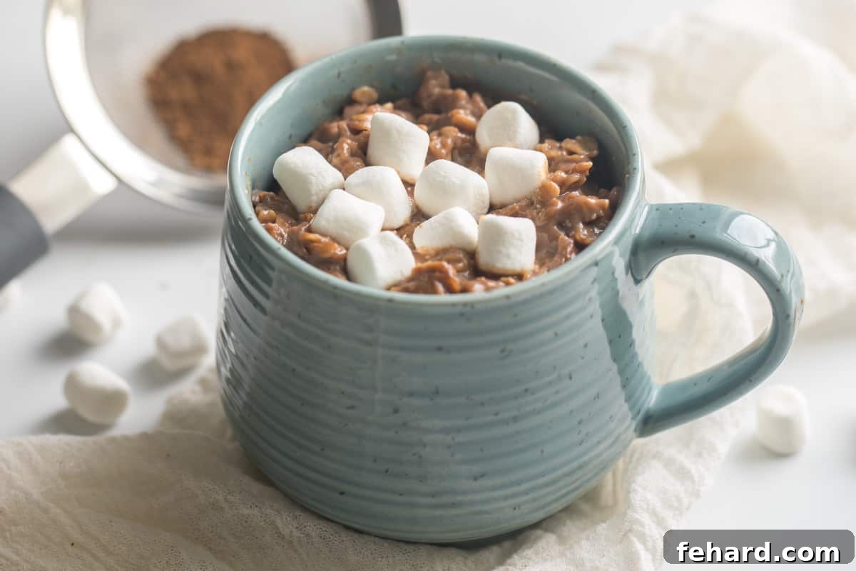Hot Chocolate Oatmeal served in a blue mug, generously topped with melted marshmallows.