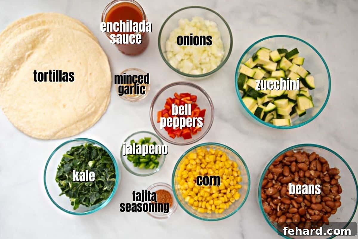 Ingredients for enchiladas labeled on counter.