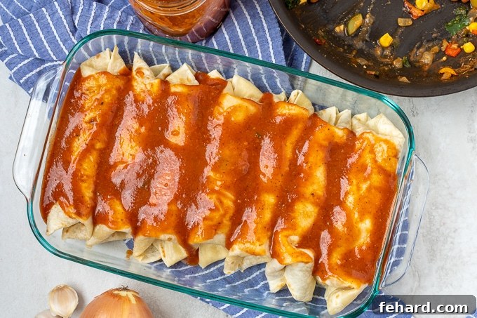 Pan with Assembled Veggie Enchiladas.