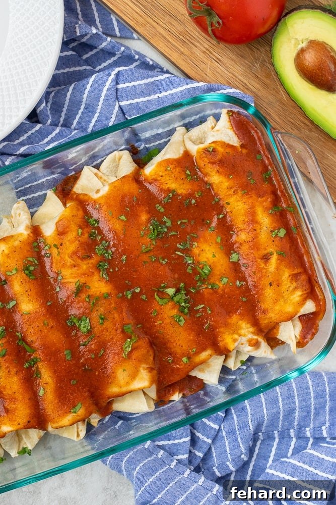 Pan with Baked Vegetable Enchiladas and tomatoes and avocado off to the side. 