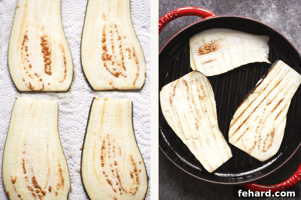 Two images side by side: Left shows salted eggplant slices draining on paper towels. Right shows eggplant slices grilling in a hot pan.