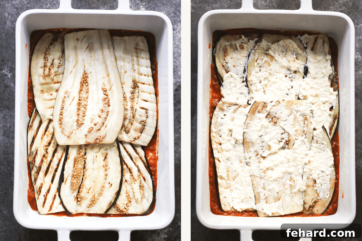Two images side by side: Left shows grilled eggplant slices being layered over tomato sauce in a baking dish. Right shows the eggplant layers covered with a creamy cheese mixture.