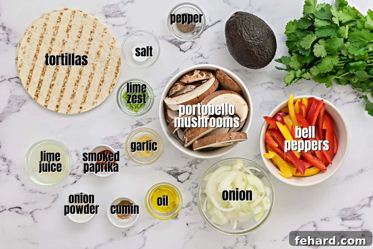 Labeled fresh ingredients for veggie fajitas including bell peppers, onions, portobello mushrooms, and lime.